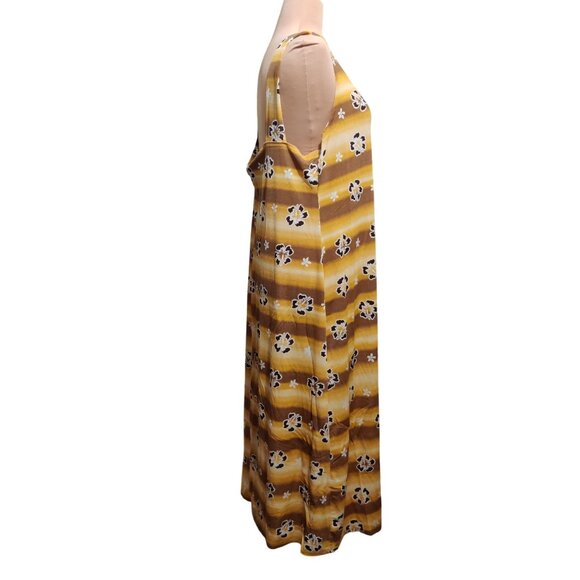 Beware 3XL Vintage Plus Size Floral Stripe Maxi Dress Yellow Brown Made in USA - Picture 4 of 7